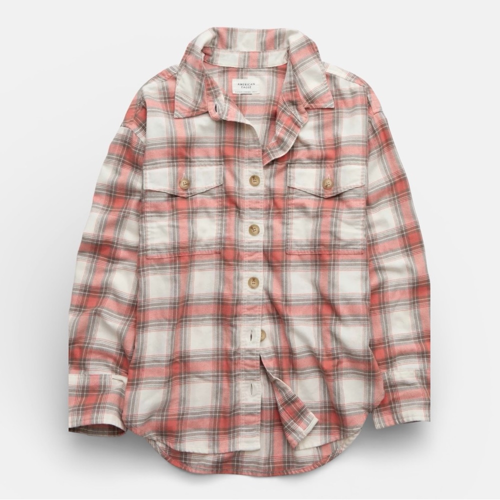 AE Plaid Button-Up Cotton Shirt Khaki & Coral Size Small - Picture 5 of 11